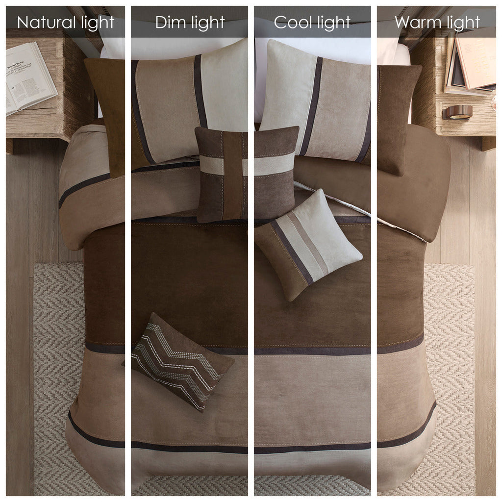 7 Piece Faux Suede Comforter Set with Decorative Pillows - Brown