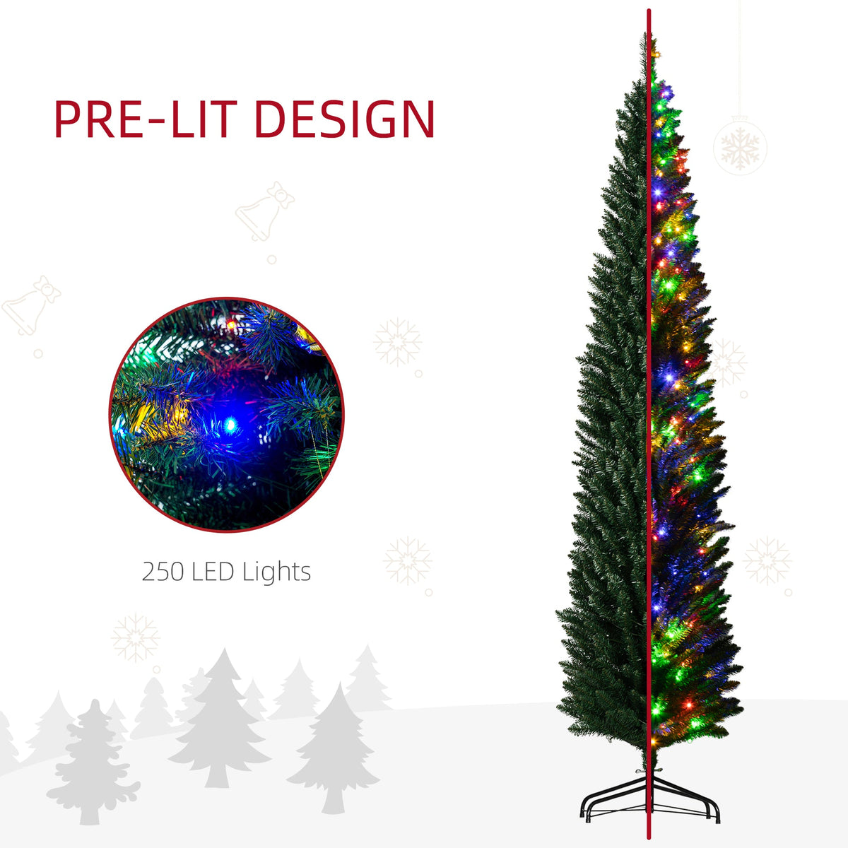 8ft Pencil Prelit Artificial Christmas Tree with 250 Colorful LED Lights