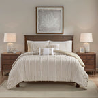 Full/Queen 3 Piece Cotton Yarn Dyed Comforter Set with Tufted Embroidery - Taupe