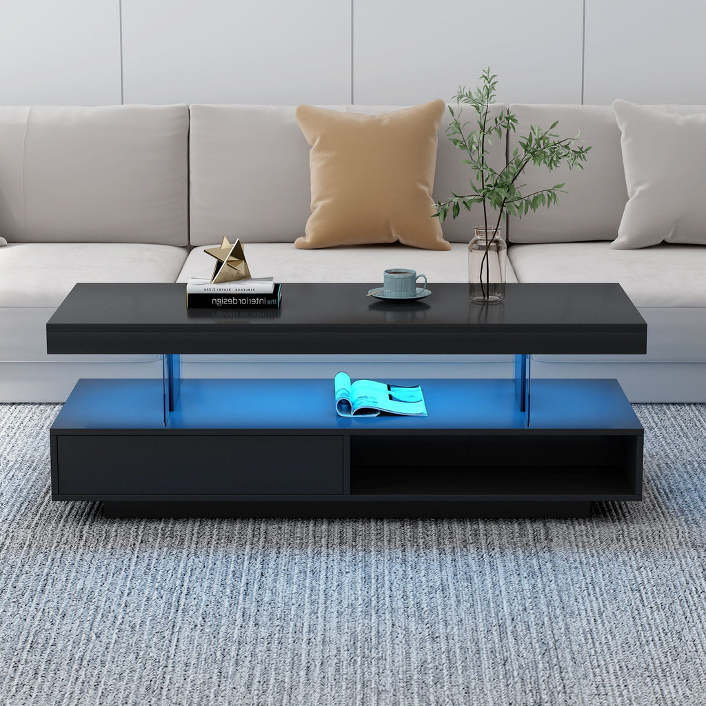 LED Coffee Table with 2 Drawers and Display Shelves - Black or White