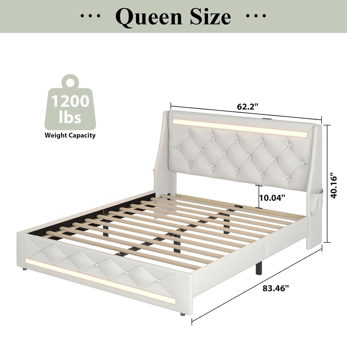 Wingback Upholstered Bed Frame with LED Lights and Charging Station - Black or White