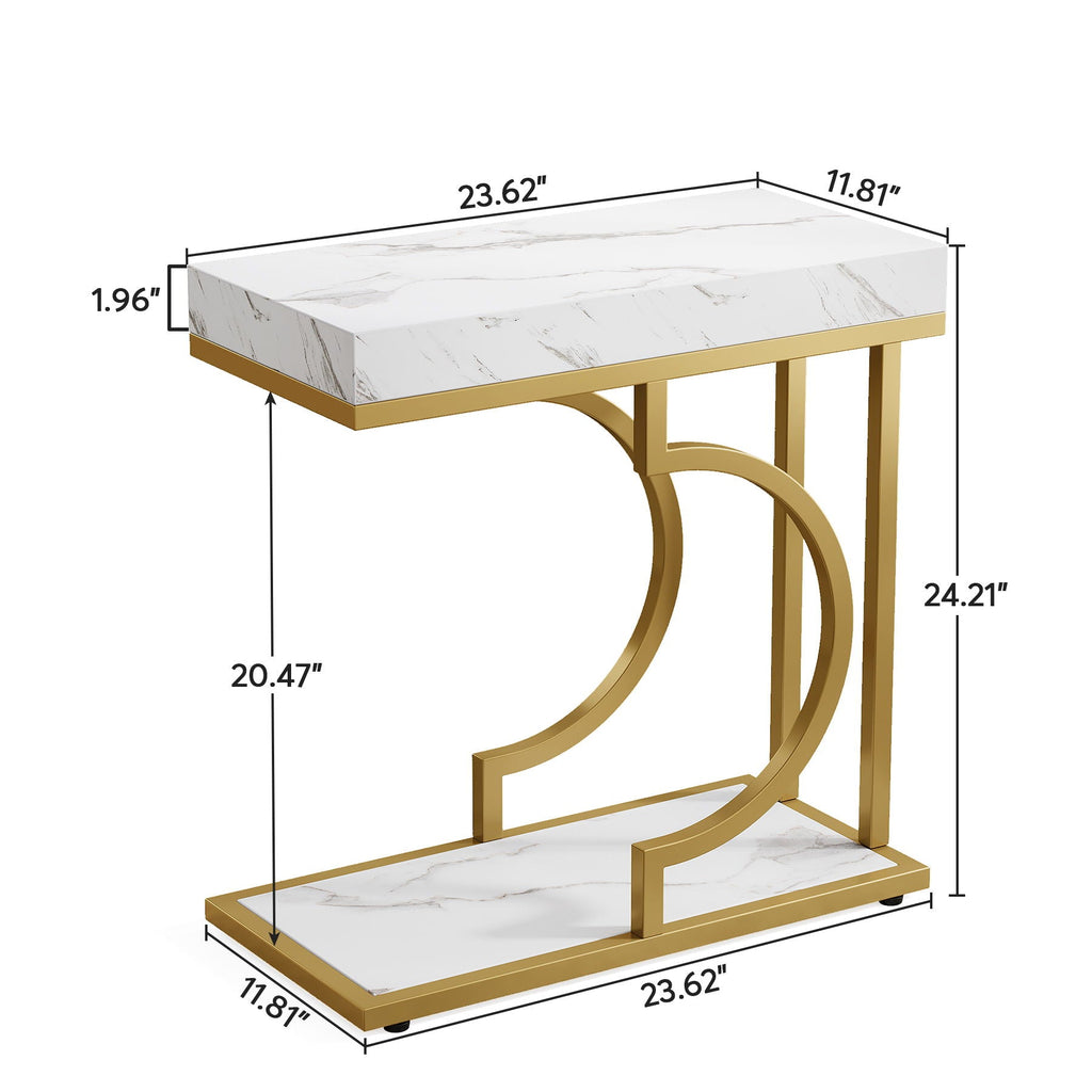 C-Shaped Sofa Side Table with Faux Marble Top - White / Gold