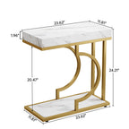 C-Shaped Sofa Side Table with Faux Marble Top - White / Gold