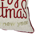 Christmas Throw Pillow with Embroidered Holiday Message - Red and Gold