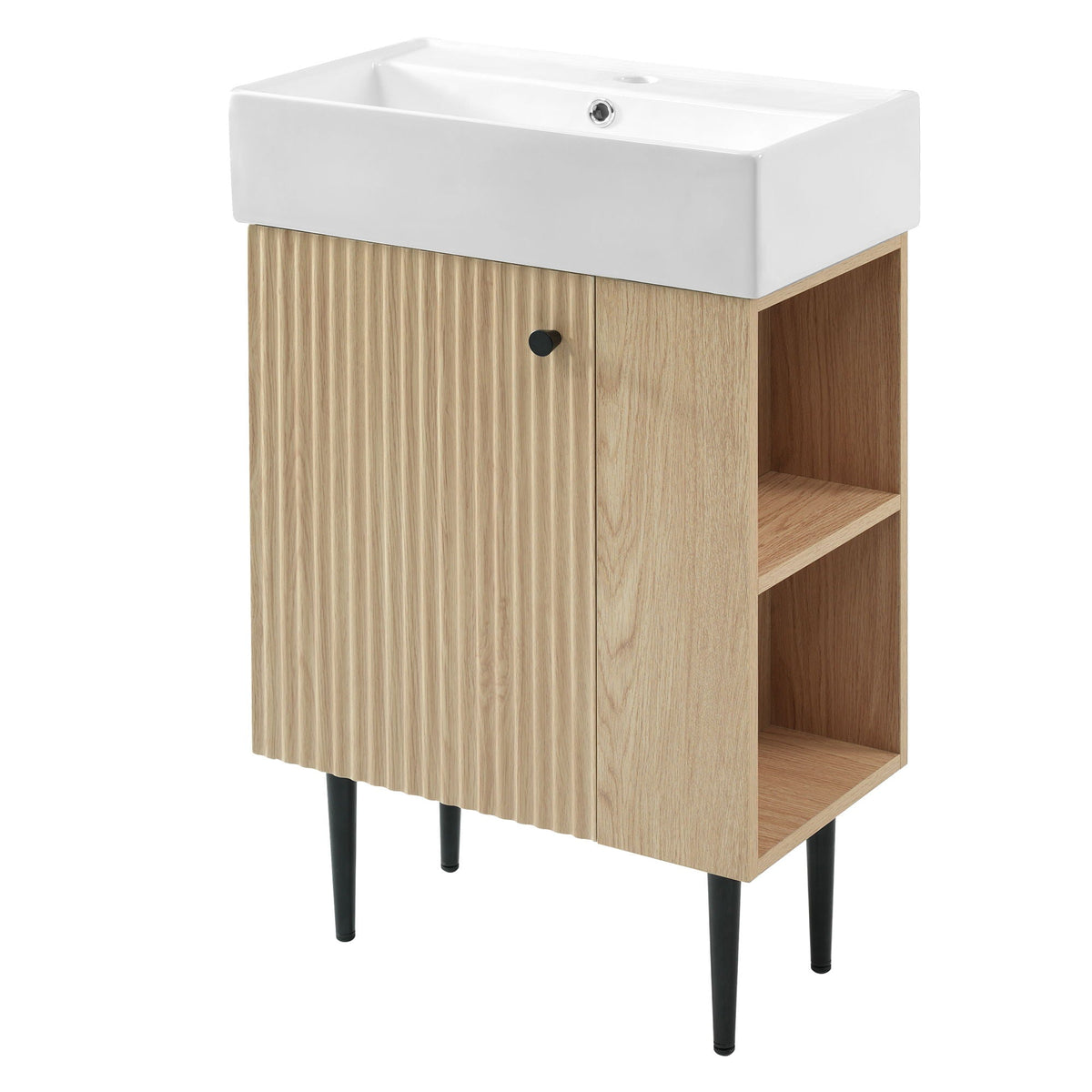 Bathroom Vanity with Single Ceramic Sink and Side Storage - Multiple Colors