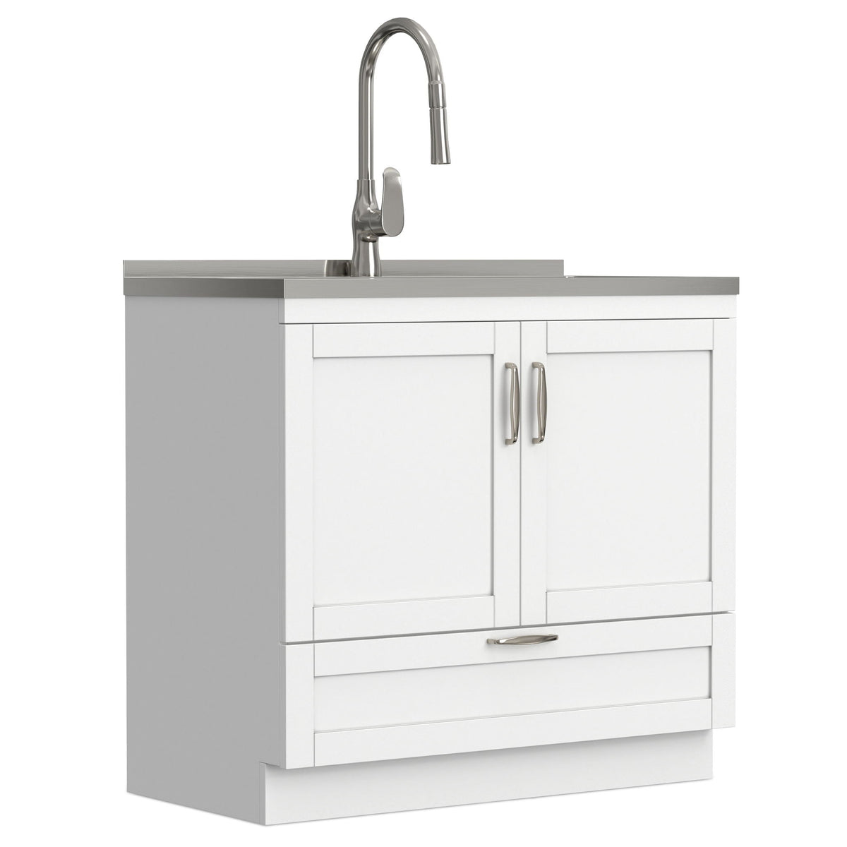 Deluxe Laundry Cabinet with Pull-Out Faucet and Stainless Steel Sink - White