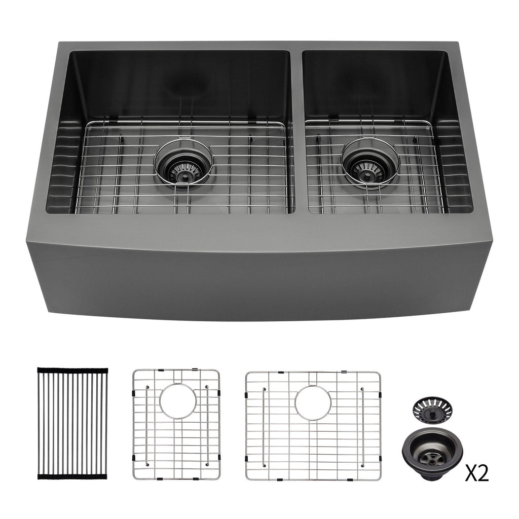 Black Double Bowl Farmhouse Sink with Soundproofing - Stainless Steel