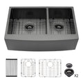 Black Double Bowl Farmhouse Sink with Soundproofing - Stainless Steel