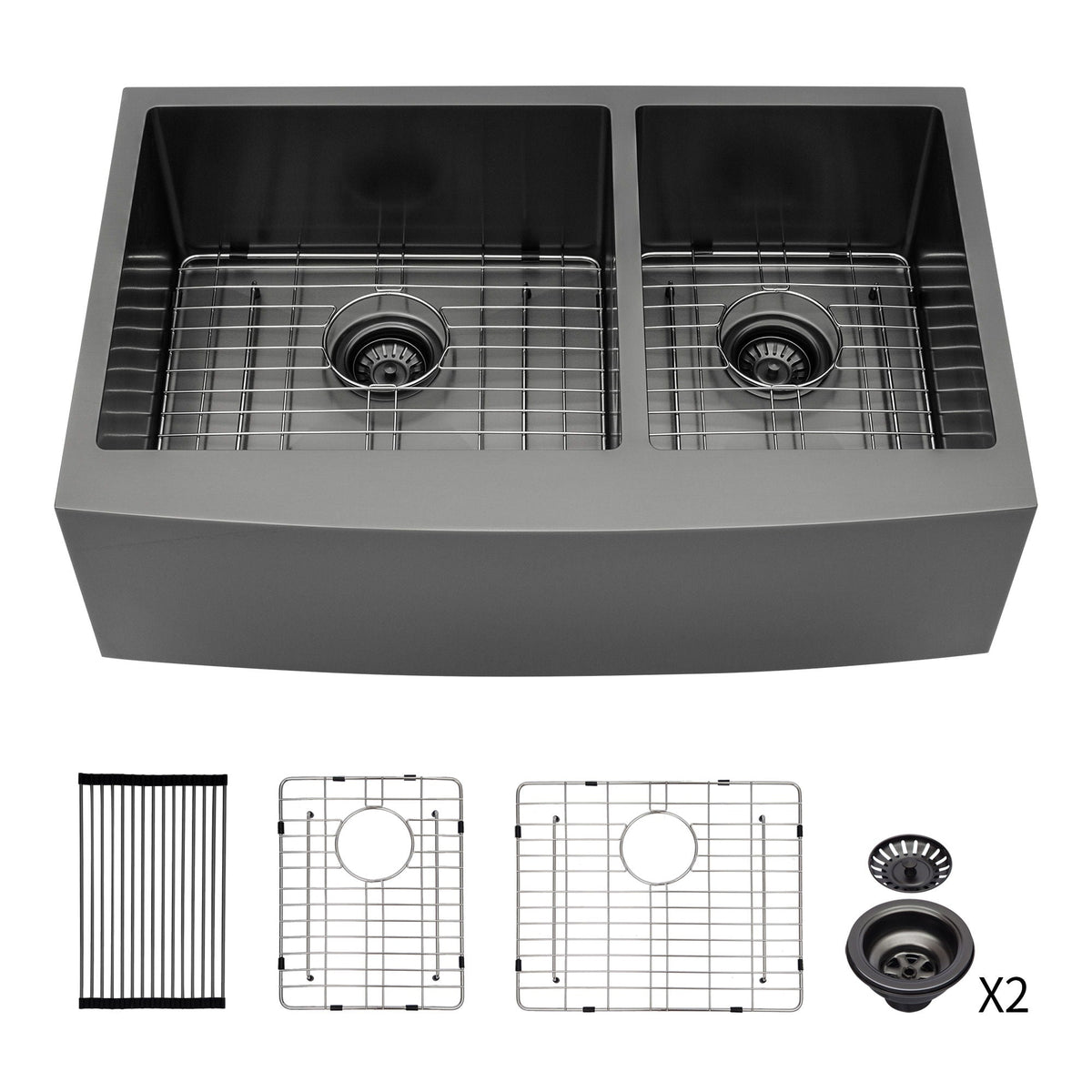 Black Double Bowl Farmhouse Sink with Soundproofing - Stainless Steel
