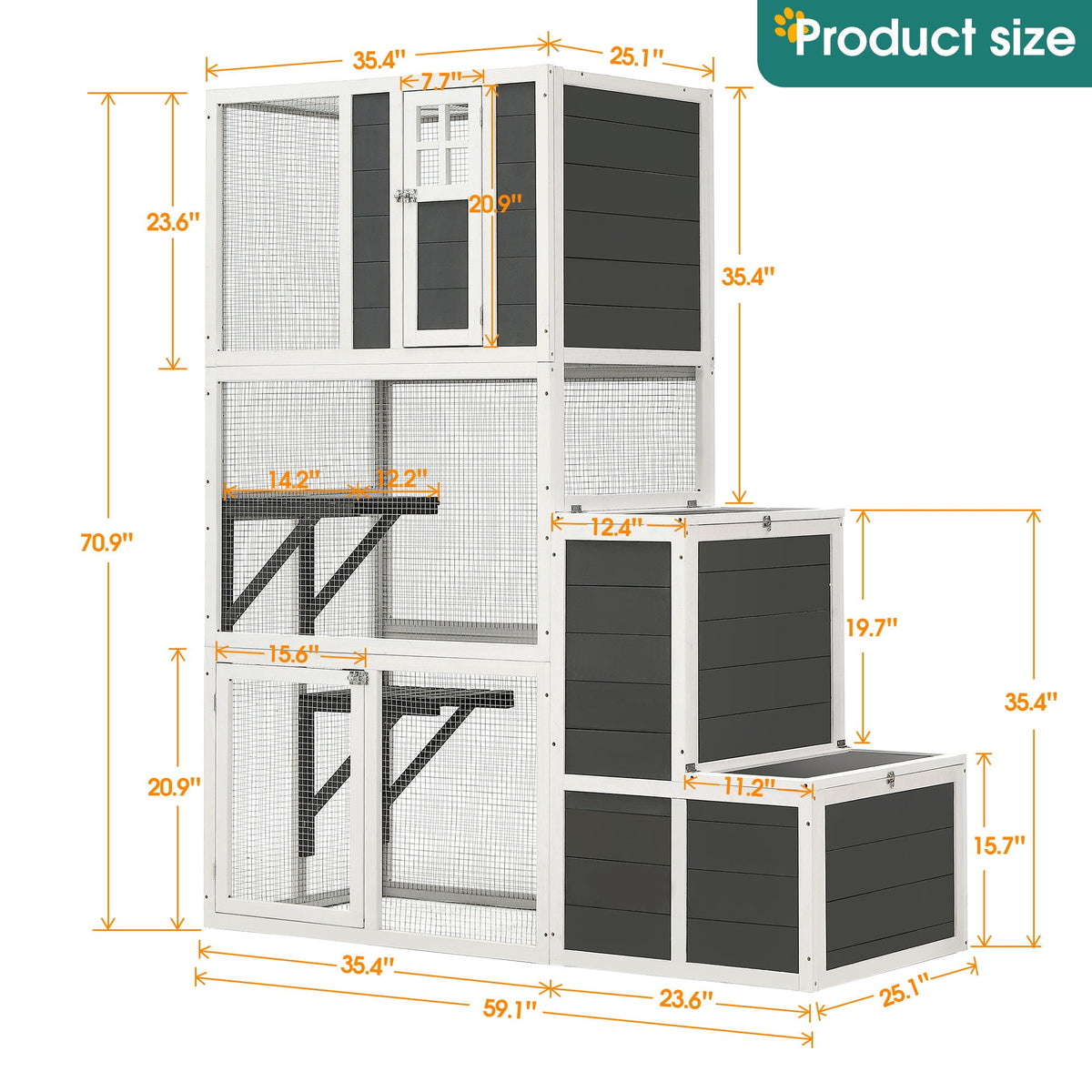 3 Tier Wooden Cat House with Platforms and Jump Box - Gray