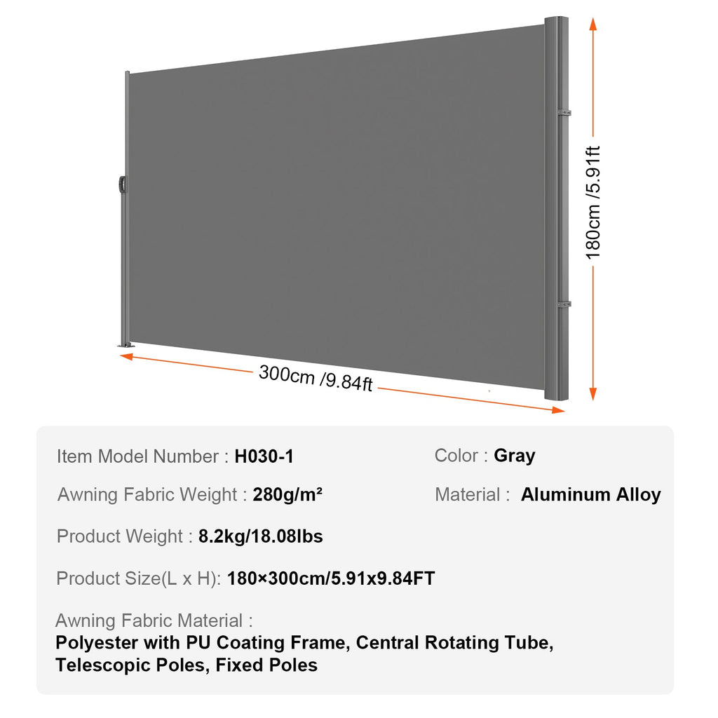 Retractable Side Awning with Aluminum Frame - Grey