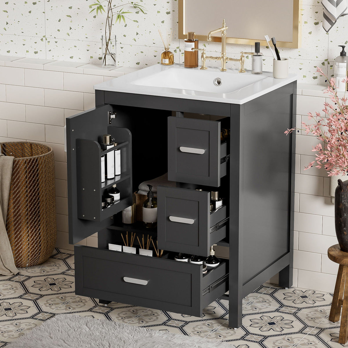 Bathroom Vanity with Sink, Soft-Close Doors & 3 Drawers - White, Black, Green
