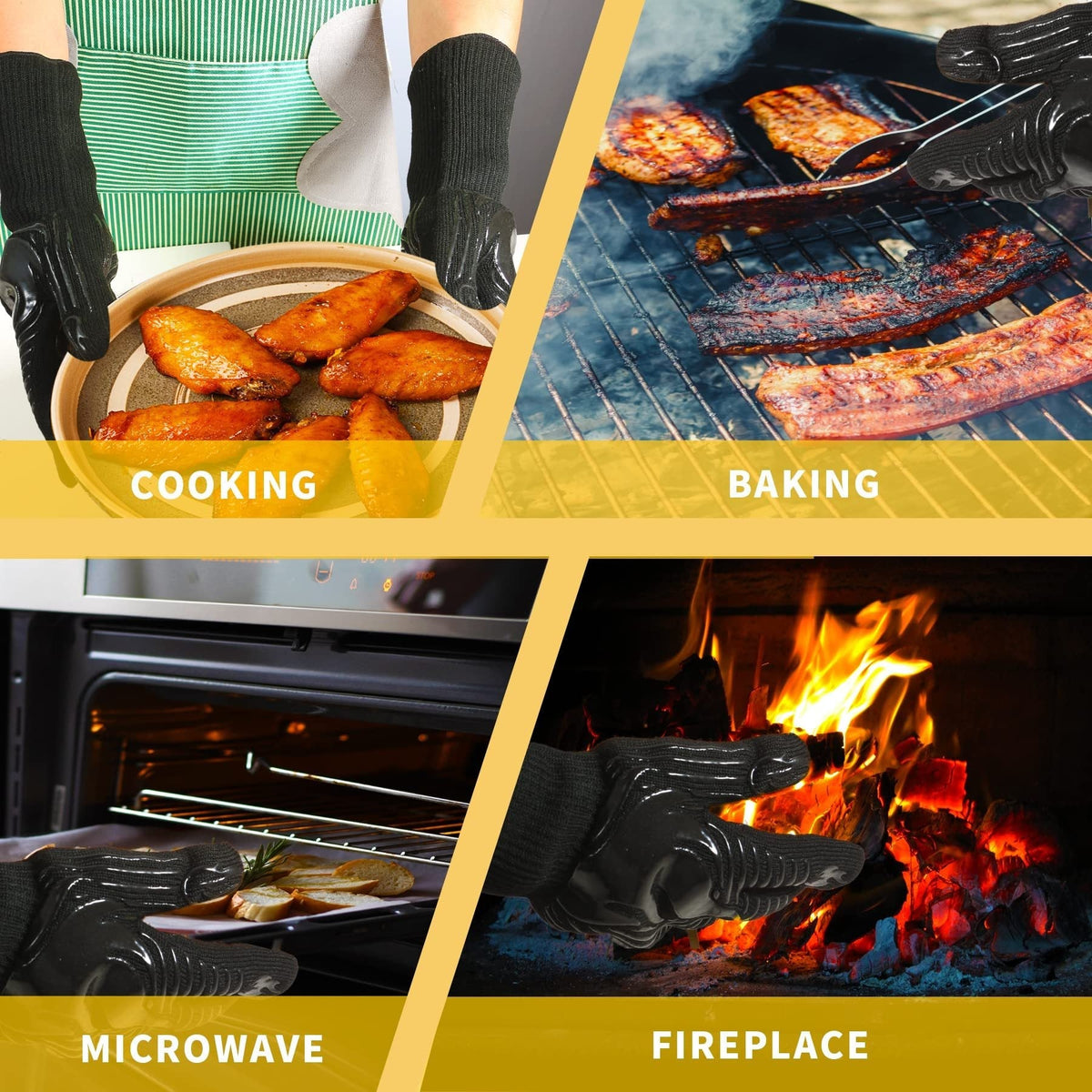 Heat Resistant BBQ Gloves with Silicone Grip - Black