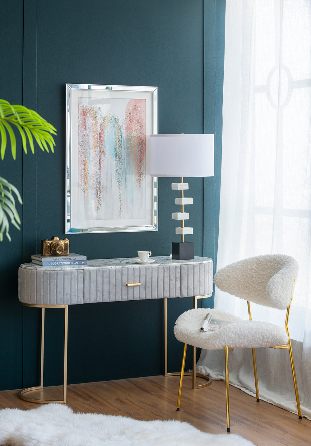 White Marble Table Lamp with Brass Frame and Fabric Shade - 15" W x 30" H