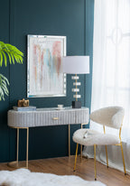 White Marble Table Lamp with Brass Frame and Fabric Shade - 15" W x 30" H