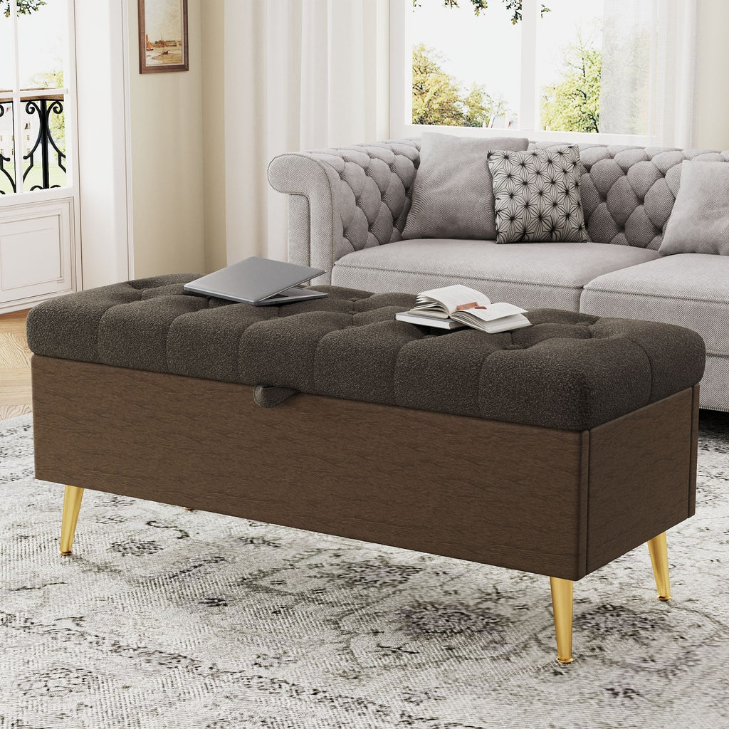 Modern Tufted Storage Ottoman Bench with Metal Legs - Bouclé Fabric