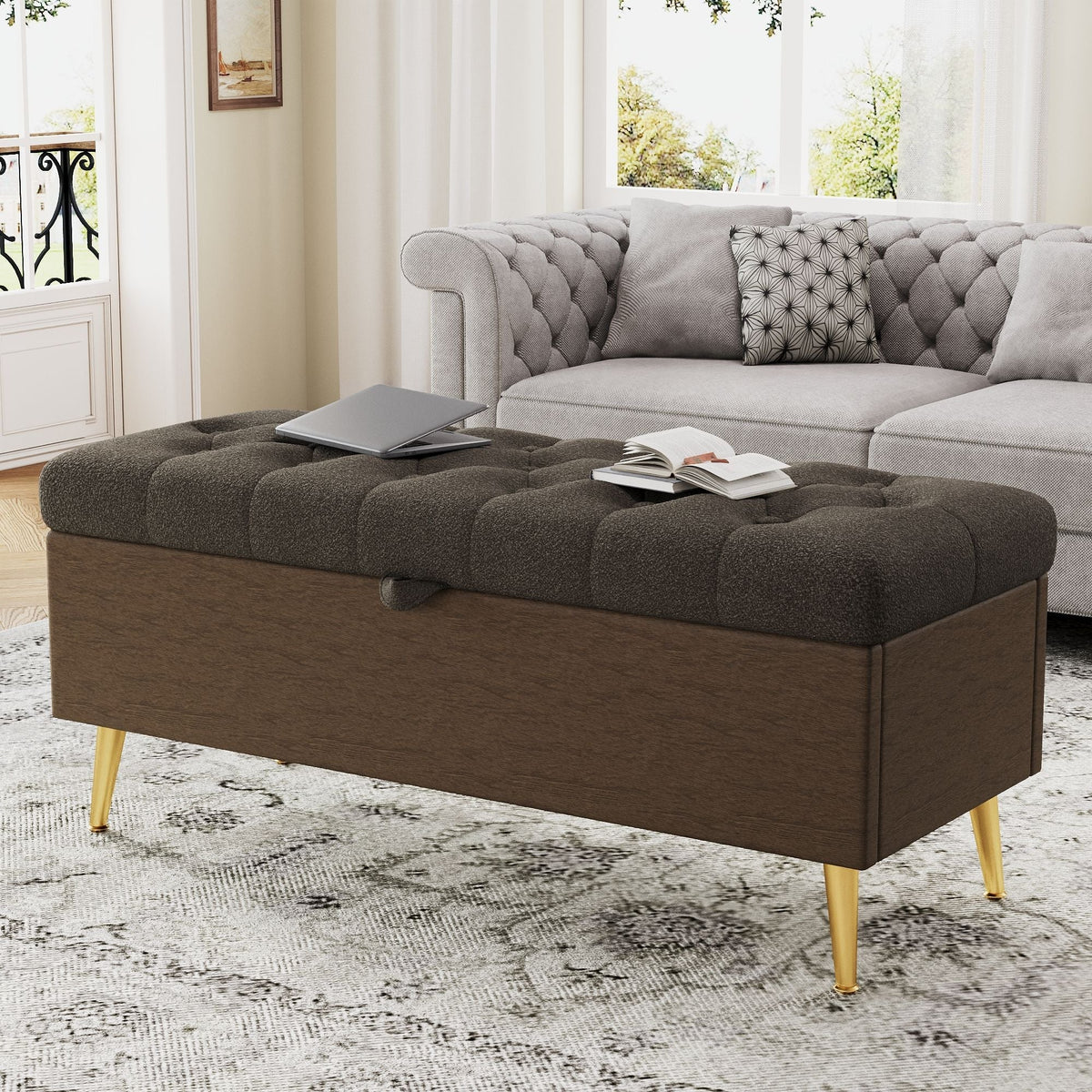 Modern Tufted Storage Ottoman Bench with Metal Legs - Bouclé Fabric