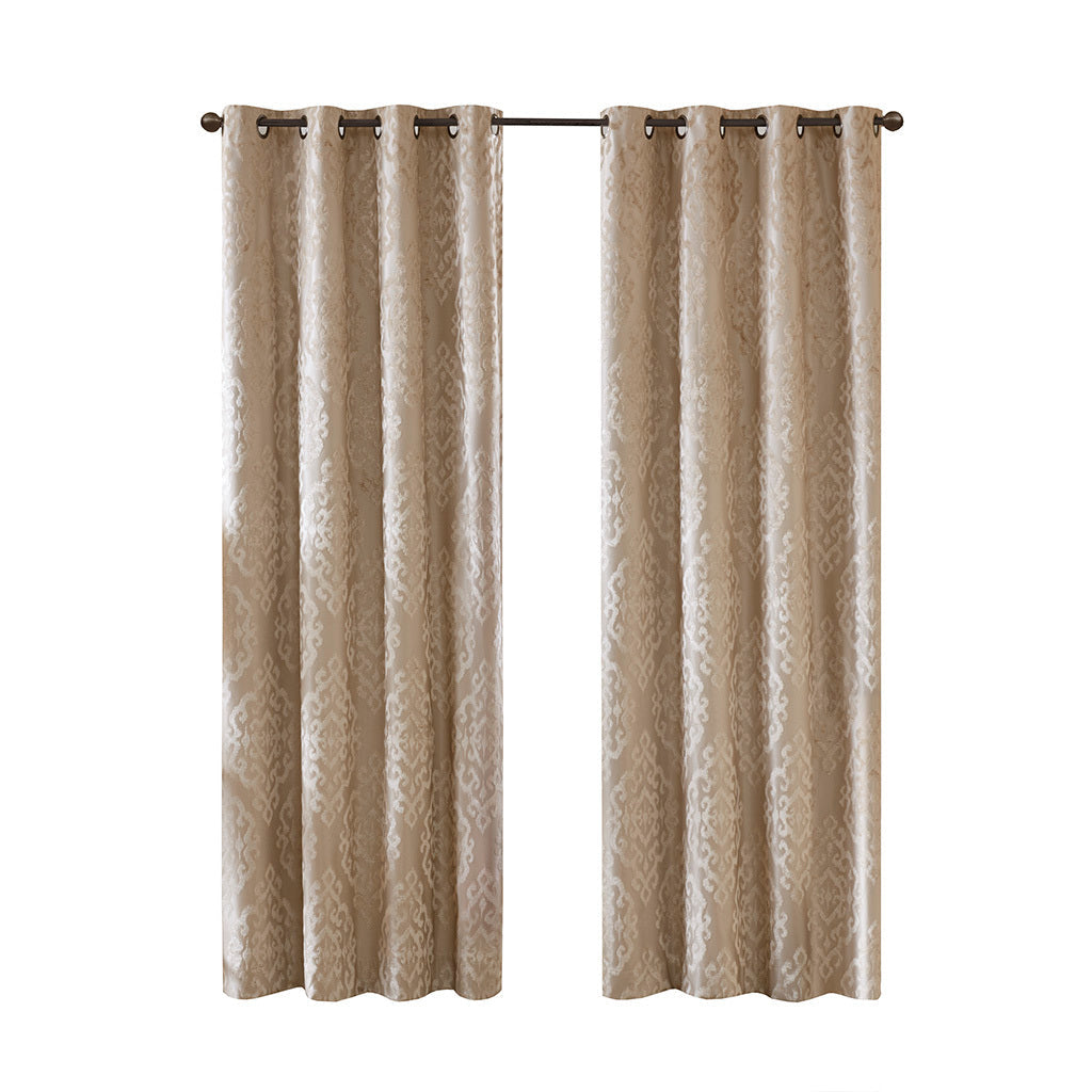Knitted Jacquard Damask Total Blackout Grommet Top Curtain Panel - Champagne