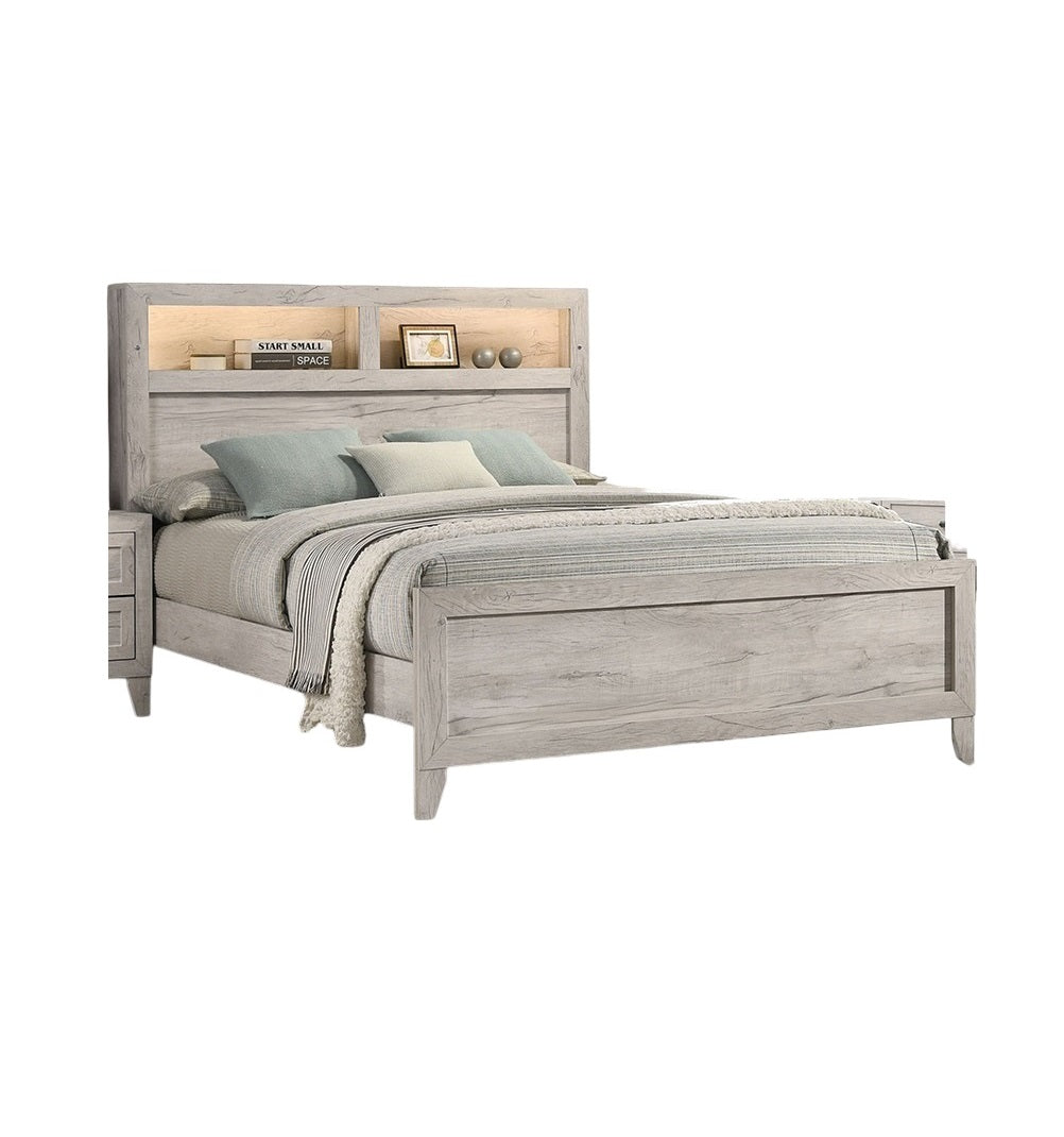 Queen Size Bed with Headboard Shelves and Light - White Wash Finish