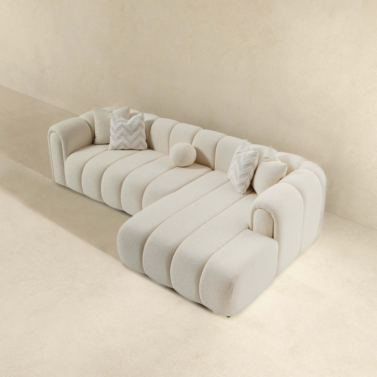 Modern Tufted Right Sectional Sofa with Toss Pillows - Ivory