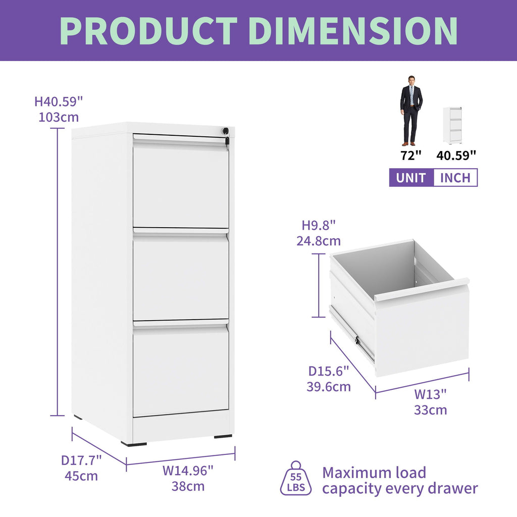 Steel Vertical File Cabinet with Lock – Multiple Sizes - Black or White