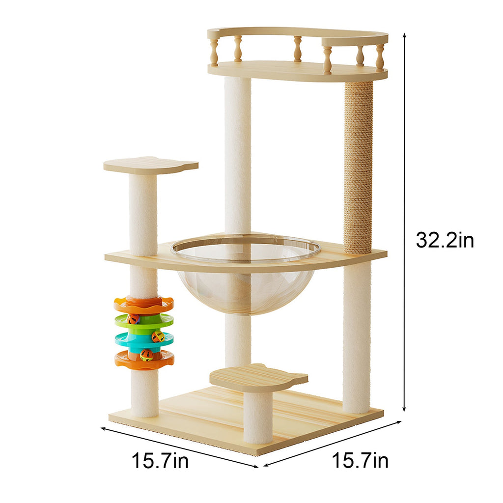 Modern Cat Tower with Scratching Posts and Acrylic Hammock - Natural+White