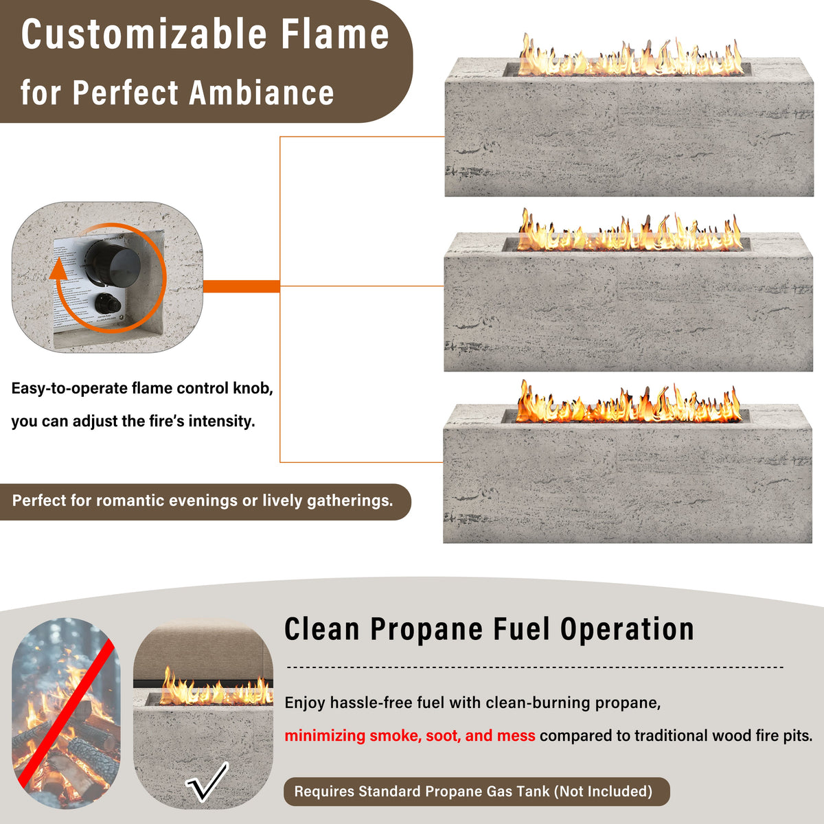 Rectangular Propane Fire Pit with Stainless Steel Burner - Beige or Gray
