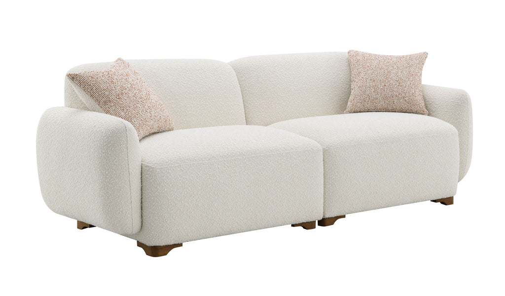 Beige Boucle Stationary Sofa with 2 Toss Pillows