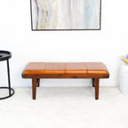 Rustic Upholstered Bench with Genuine Leather Cushion - Tan