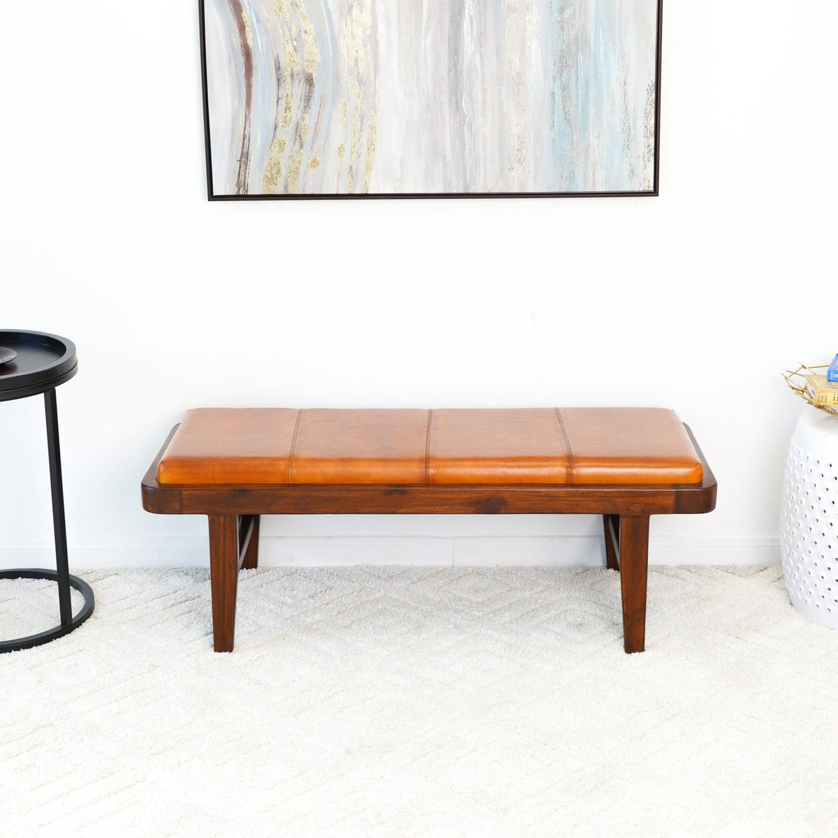 Rustic Upholstered Bench with Genuine Leather Cushion - Tan