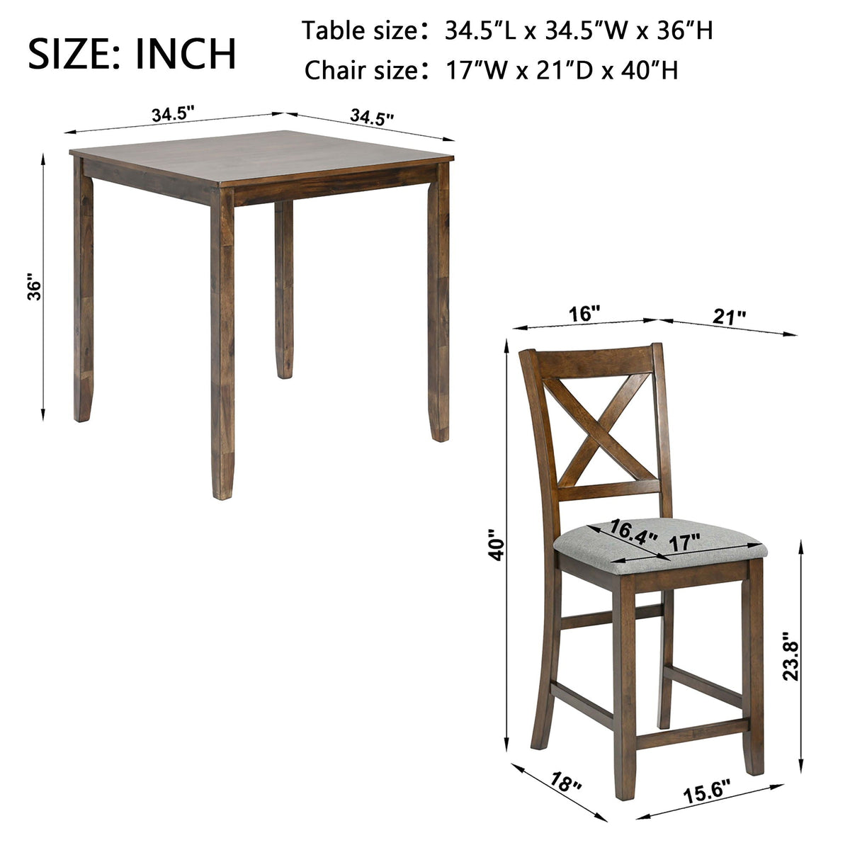 Wooden 5 Piece Dining Table Set with Square Counter Height Table - Gray or Dark Brown