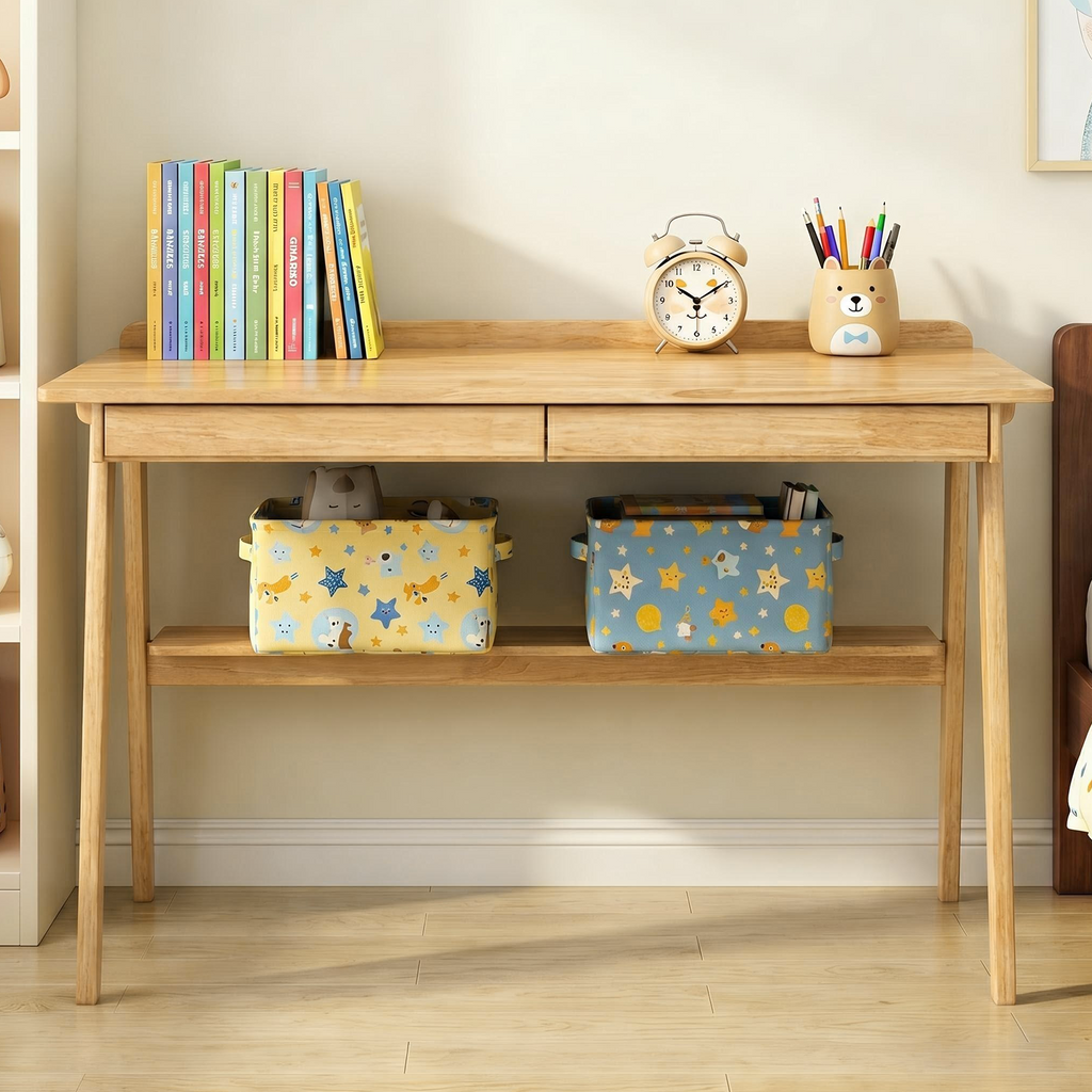 Solid Wood Writing Desk with Drawers & Storage Shelf - Mid Century Modern