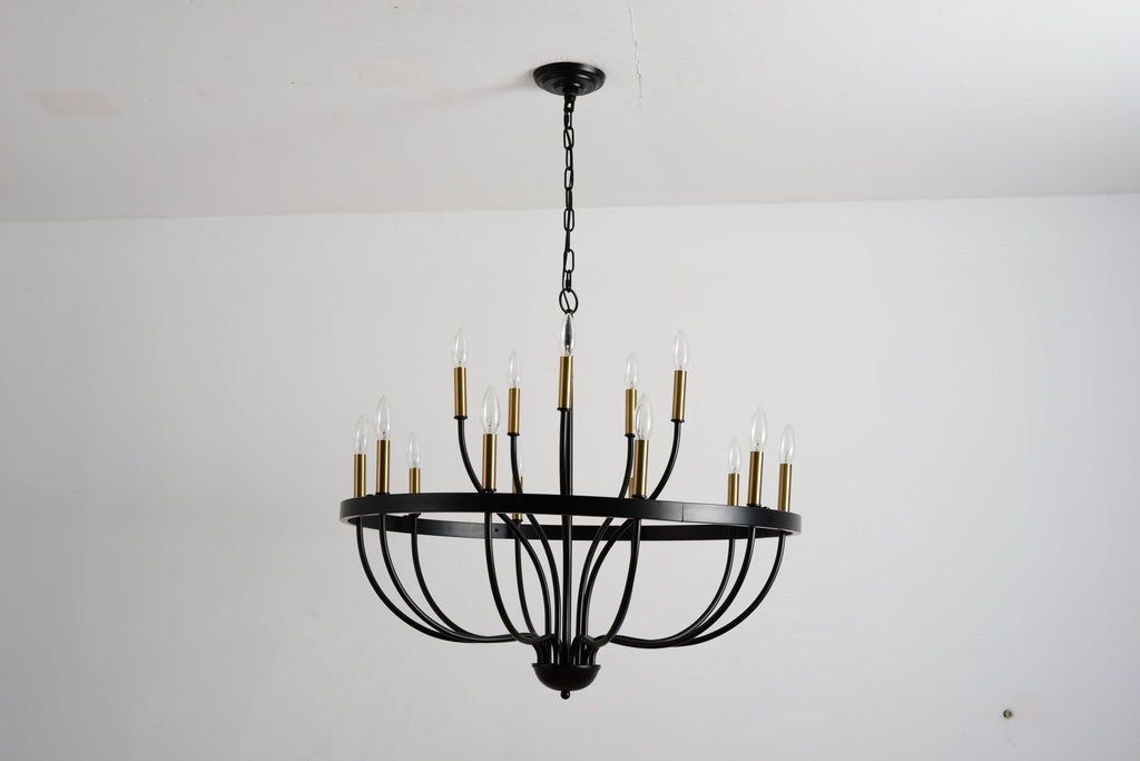 18-Light Industrial Iron Candle Chandelier with Adjustable Height - Gold & Black