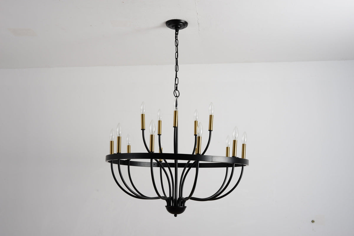 18-Light Industrial Iron Candle Chandelier with Adjustable Height - Gold & Black