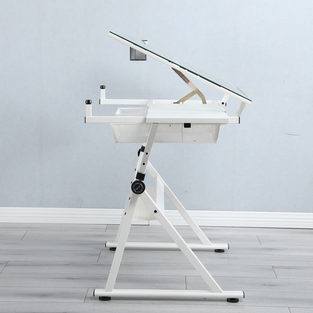 Adjustable Tempered Glass Drafting Printing Table with Chair - Black or White