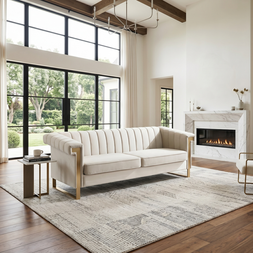 Modern Velvet Sofa with Gold Accents - Chesterfield Design - Black Velvet