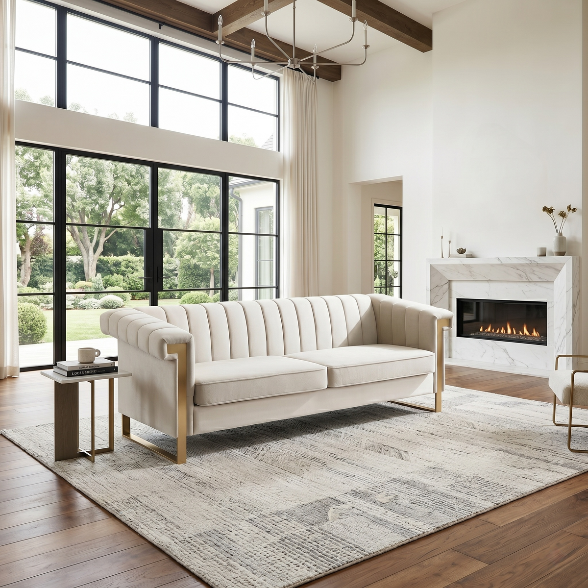 Modern Velvet Sofa with Gold Accents - Chesterfield Design - Black Velvet