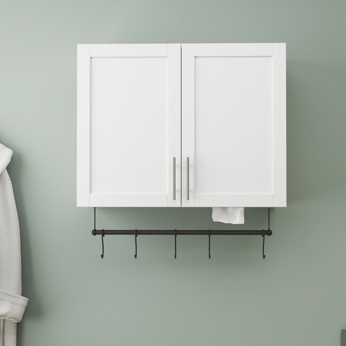 Bathroom Wall Cabinet with Adjustable Shelf and Towel Bar - White