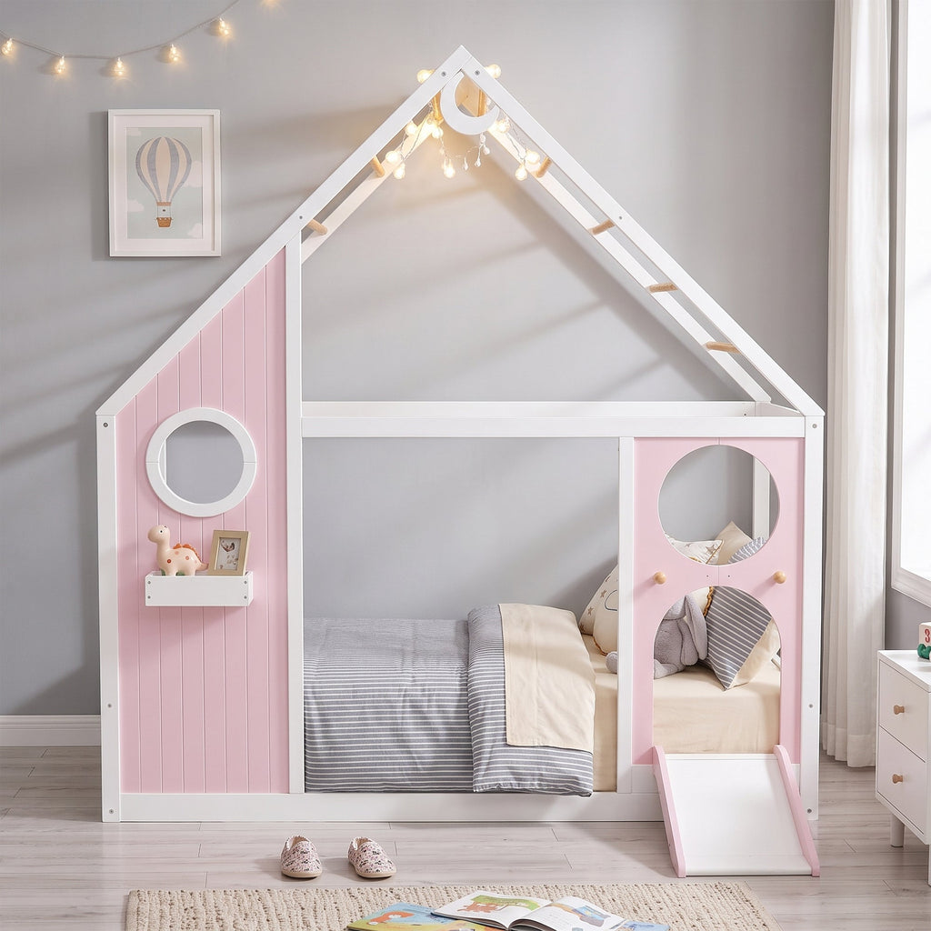 Twin House Bed with Slide - Playhouse Design - Pink