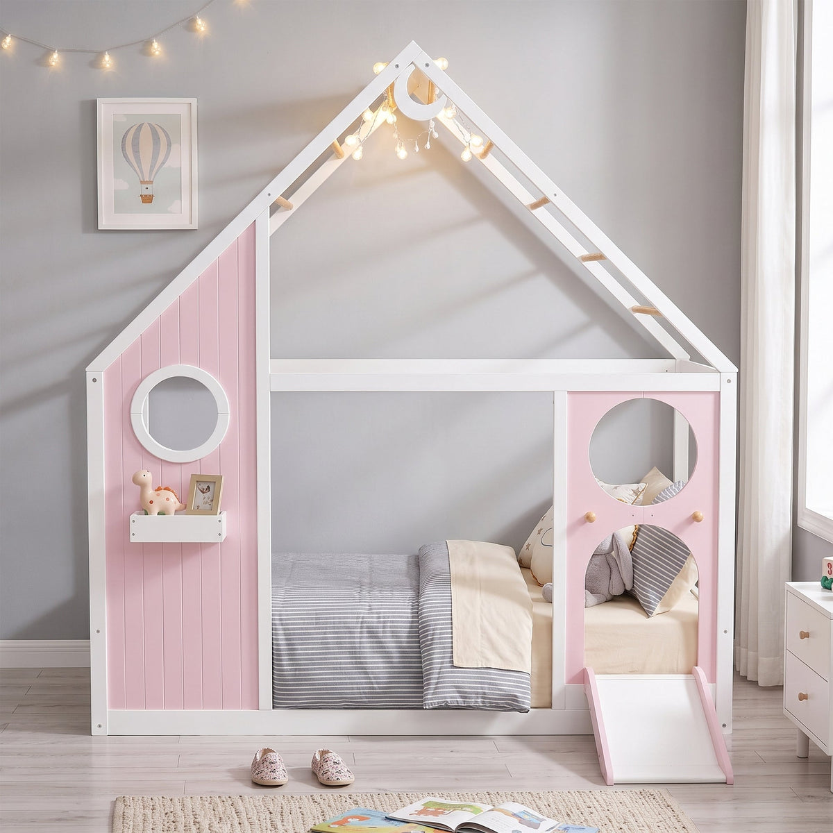 Twin House Bed with Slide - Playhouse Design - Pink