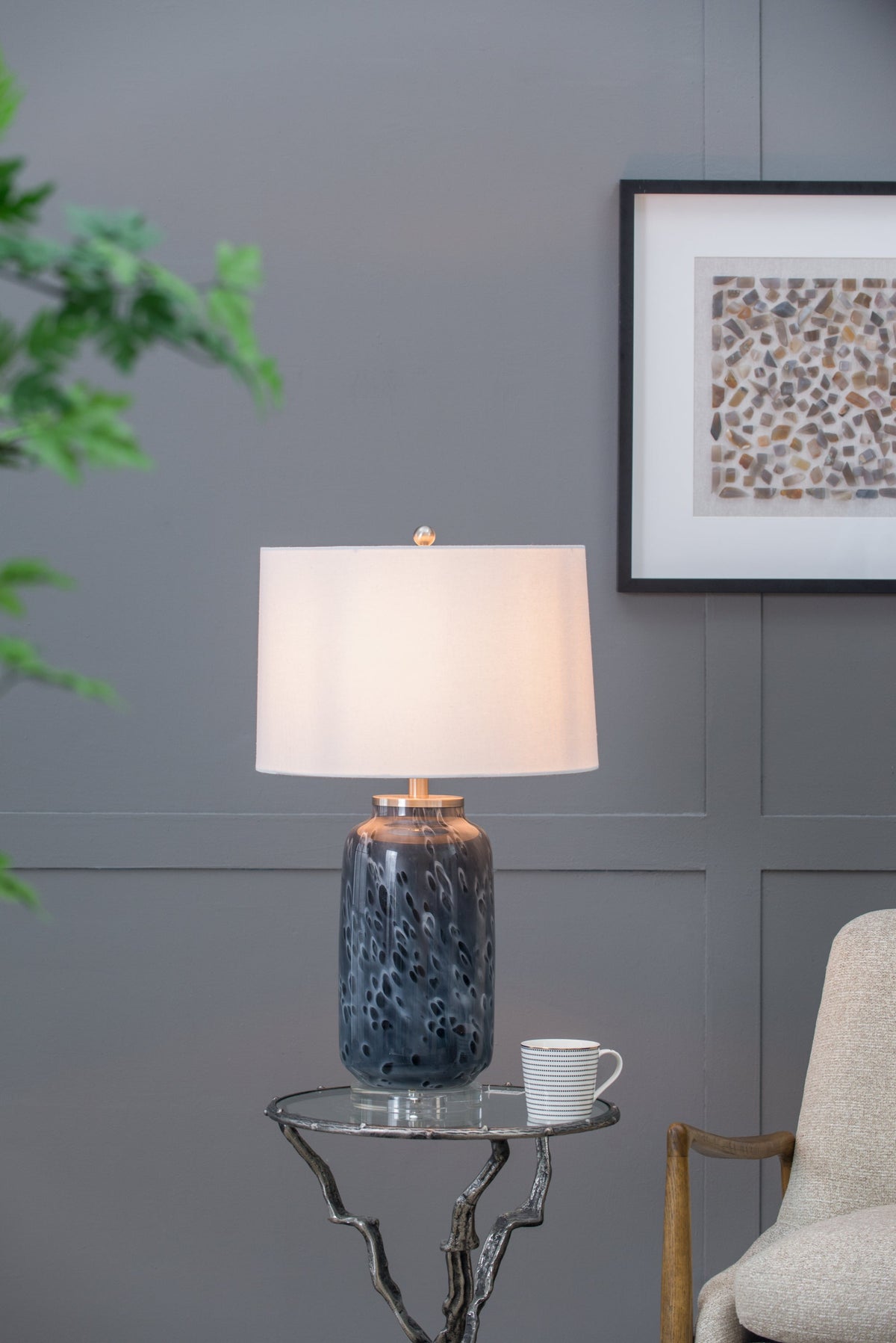 Ellis Glass Table Lamp with Blue Base and Linen Shade