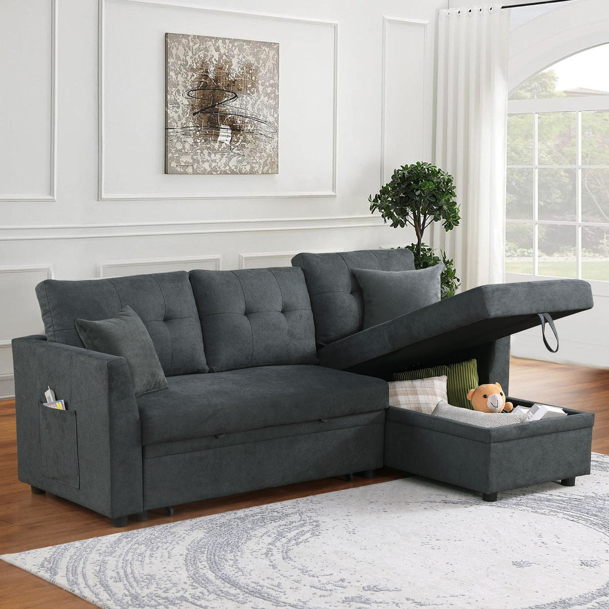Sectional Sofa Bed with USB Port and Storage - Black or Dark Gray