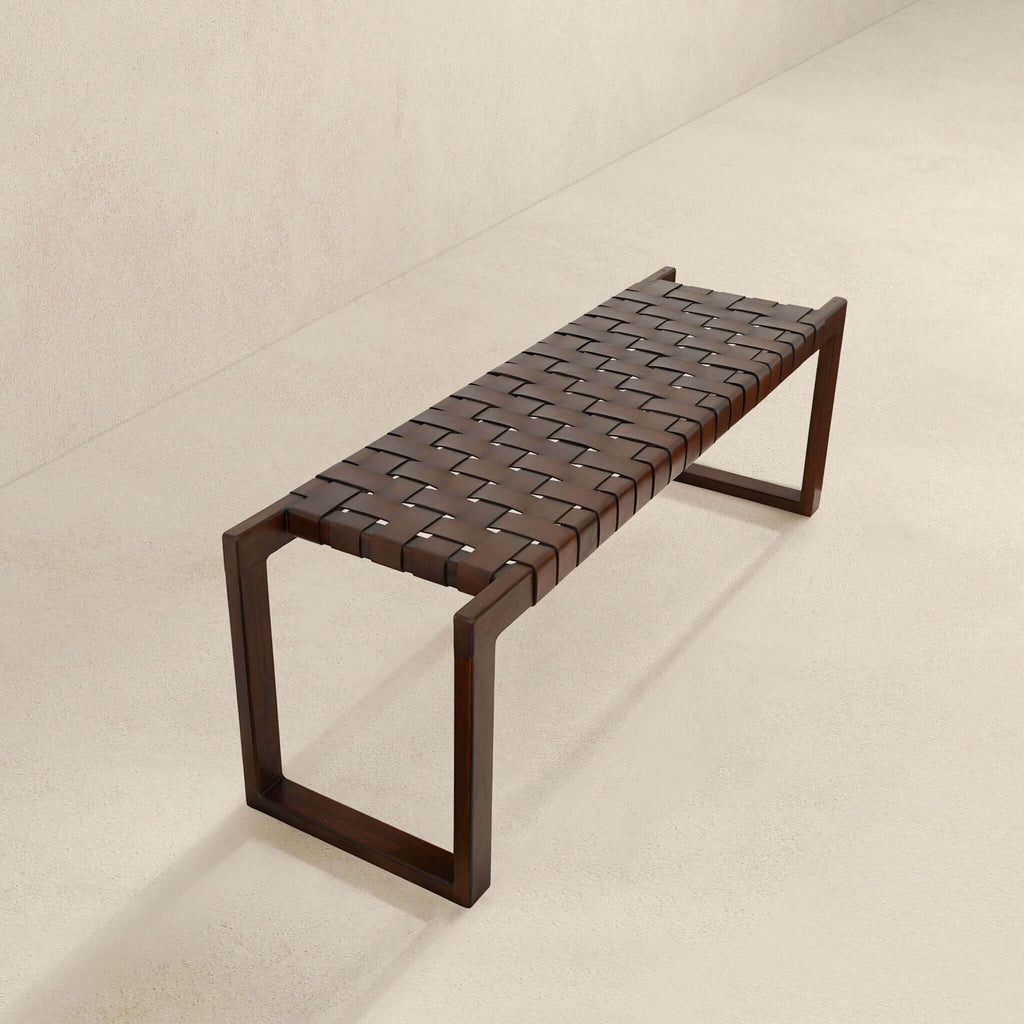 Cognac Brown Upholstered Bench with Genuine Leather Seat - Mid-Century Modern