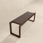 Cognac Brown Upholstered Bench with Genuine Leather Seat - Mid-Century Modern