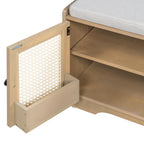 Rustic Storage Bench with Woven Rattan Doors - Natural Wood Finish