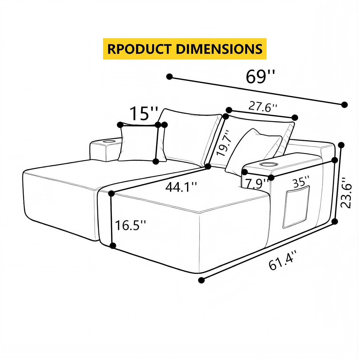 69" Cloud Sectional Couch with Double Chaise - Fabric
