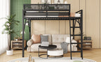 Full Size Loft Bed with Ladder and Storage Shelves - Black Metal