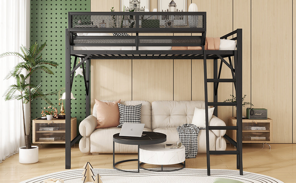 Full Size Loft Bed with Ladder and Storage Shelves - Black Metal