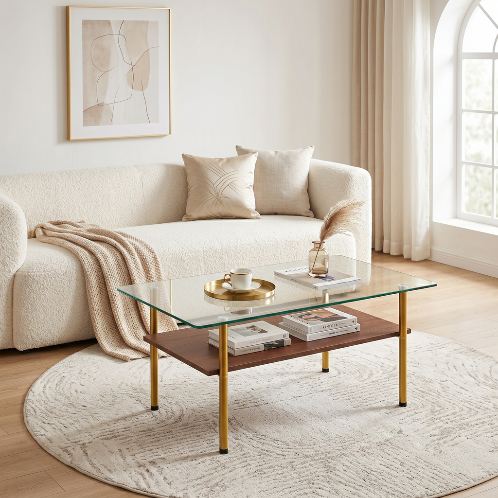Modern Glass Coffee Table and End Tables Set of 3 with Golden Metal Legs