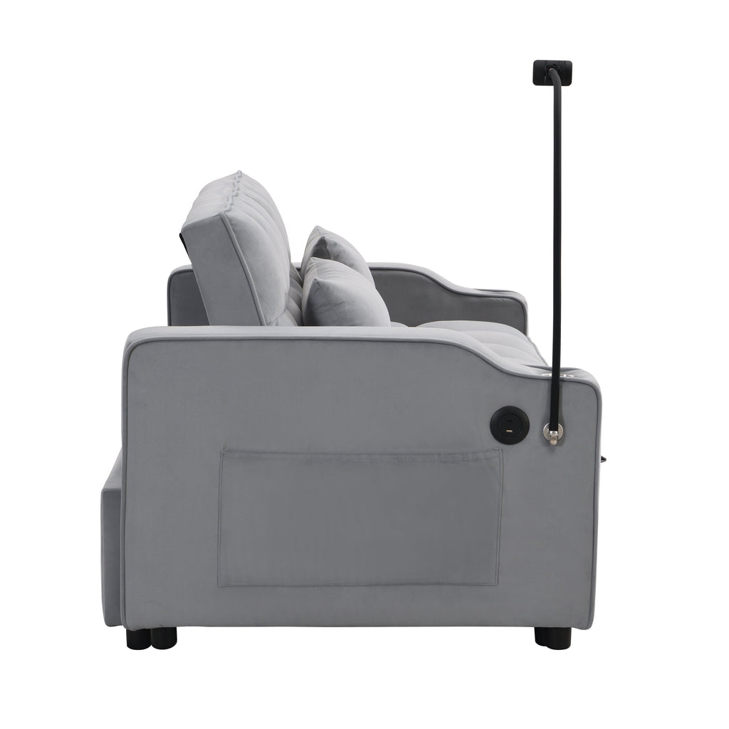 Modern Velvet Sleeper Loveseat with Pullout Bed and USB Ports - Light Gray
